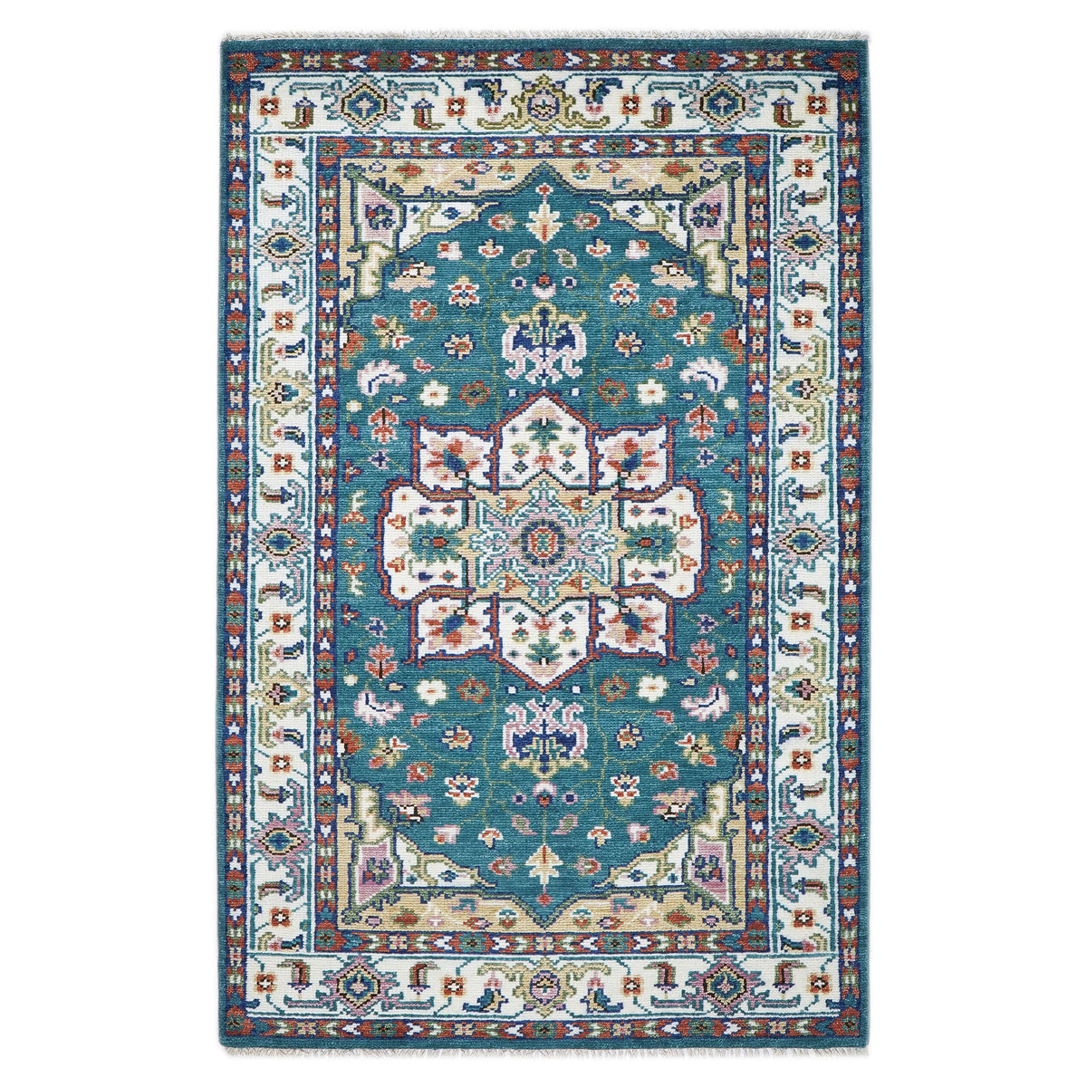 5x8 Turquoise, Ivory, Burnt Orange Go Color Hand Knotted Oushak Wool Traditional Oriental Rug