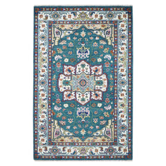 5x8 Turquoise, Ivory, Burnt Orange Go Color Hand Knotted Oushak Wool Traditional Oriental Rug