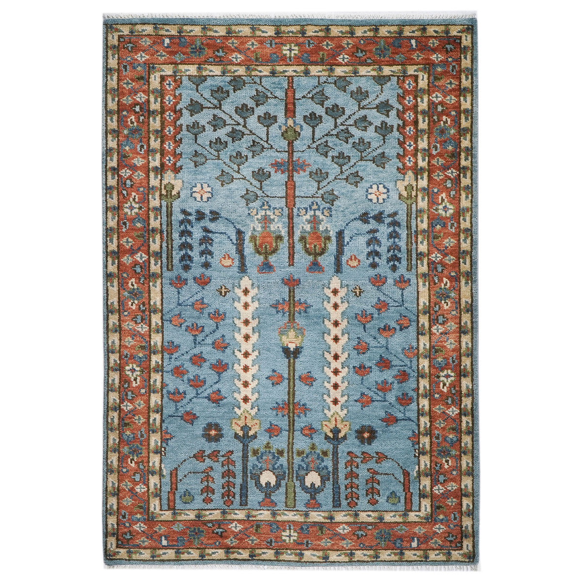 5x8 Blue, Burnt Orange, Ivory Color Hand Knotted Oushak Wool Transitional Oriental Rug