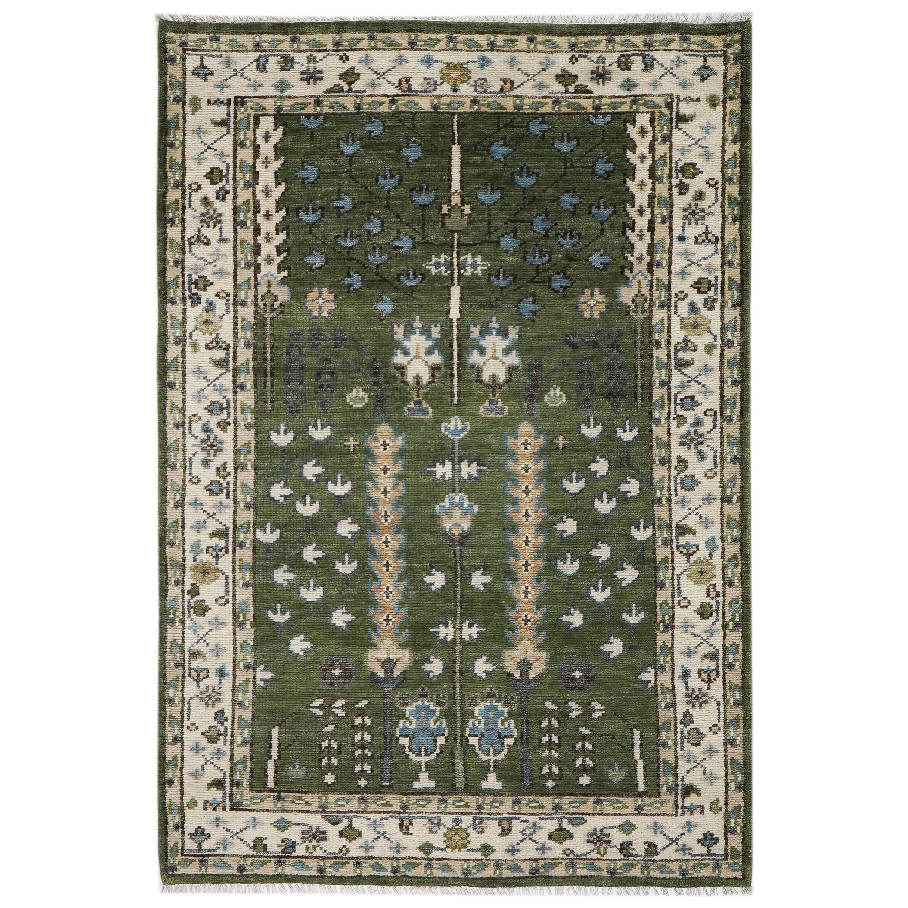 5x8 Green, Ivory, Blue Color Hand Knotted Oushak Wool Transitional Oriental Rug