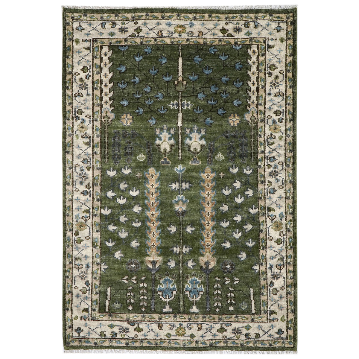 5x8 Green, Ivory, Blue Color Hand Knotted Oushak Wool Transitional Oriental Rug