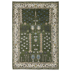 5x8 Green, Ivory, Blue Color Hand Knotted Oushak Wool Transitional Oriental Rug