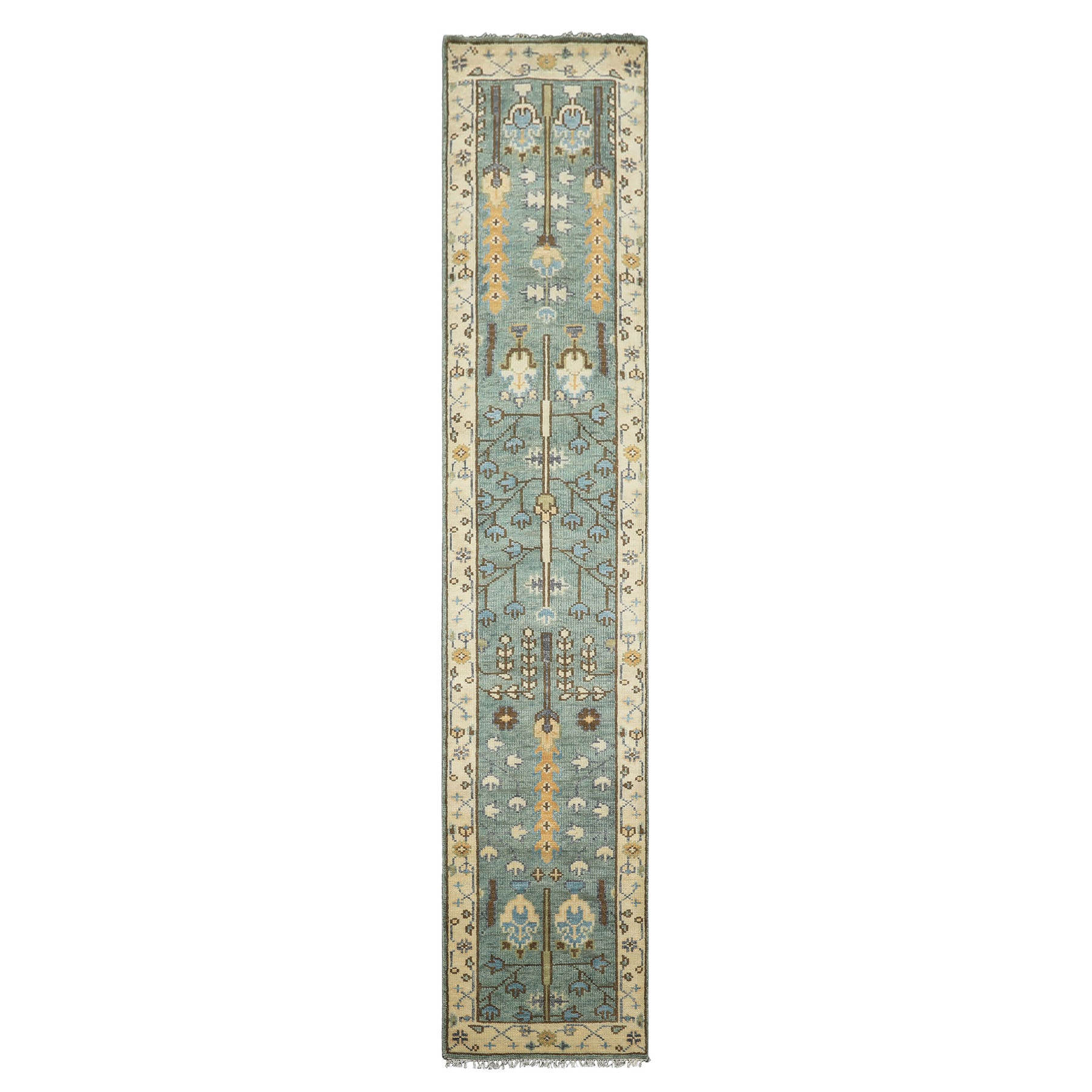 Runner Celadon, Ivory, Brown Color Hand Knotted Oushak Wool Traditional Oriental Rug