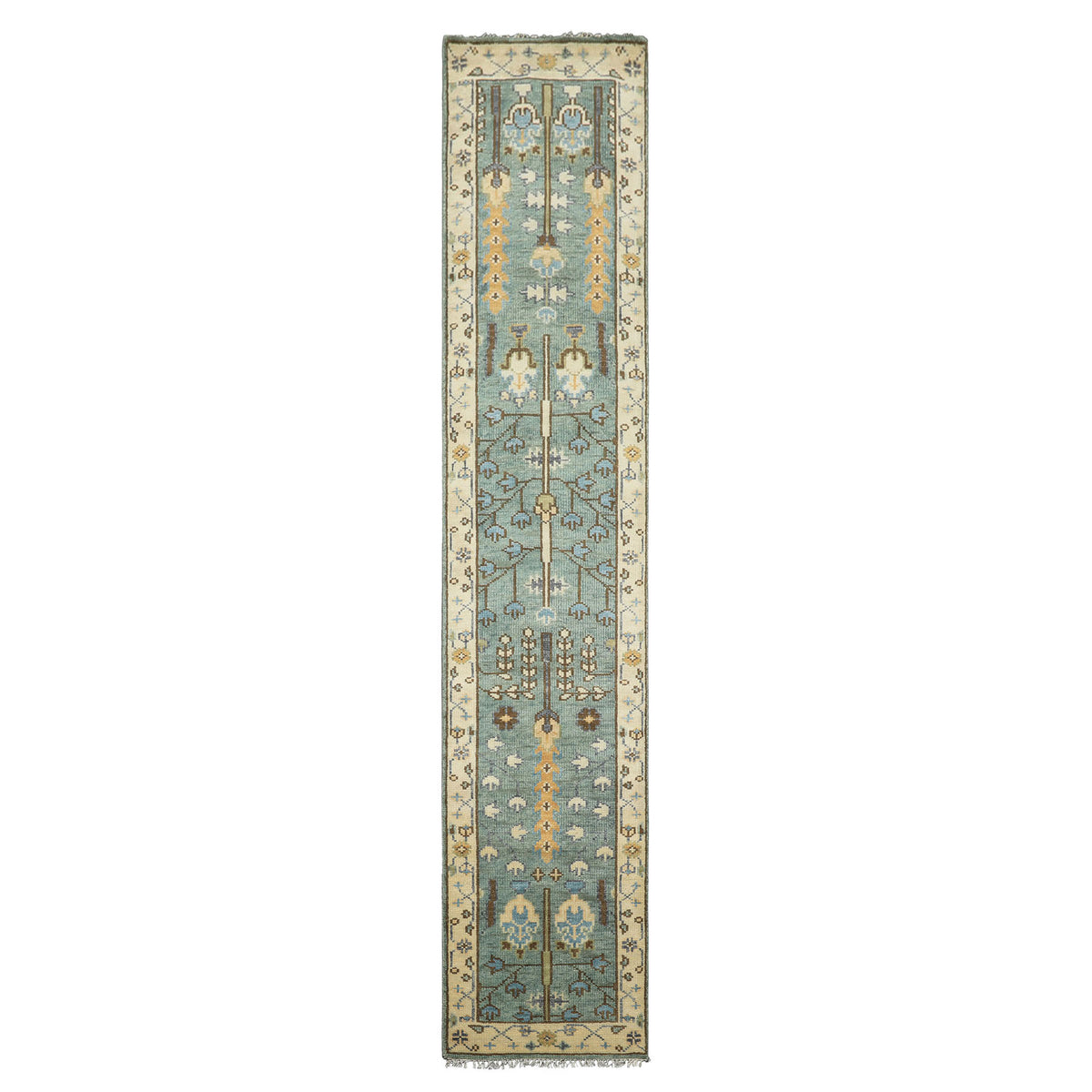 Runner Celadon, Ivory, Brown Color Hand Knotted Oushak Wool Traditional Oriental Rug