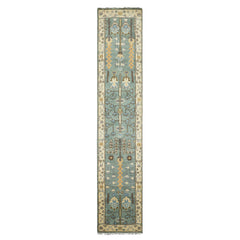 Runner Celadon, Ivory, Brown Color Hand Knotted Oushak Wool Traditional Oriental Rug