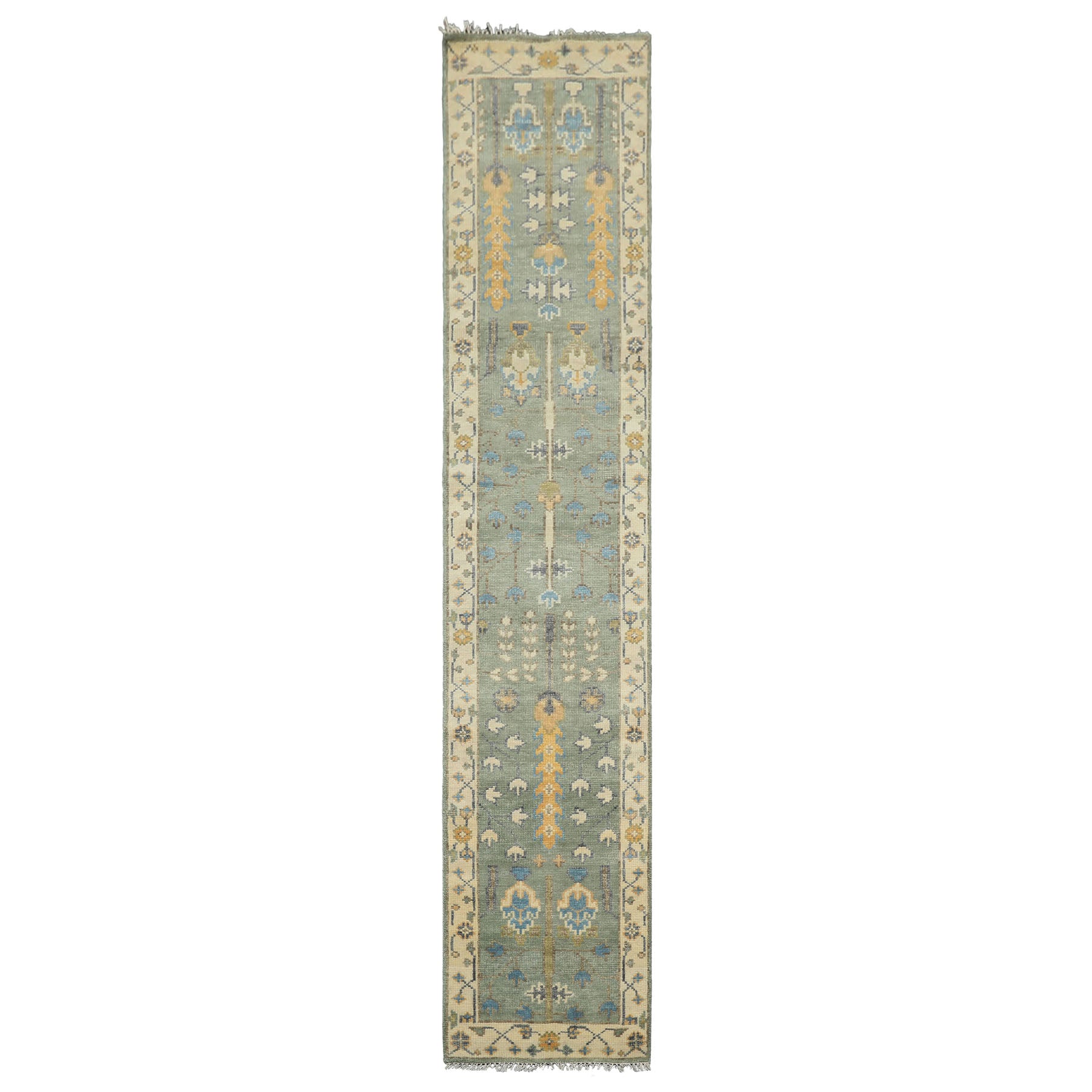 Runner Celadon, Ivory, Caramel Color Hand Knotted Oushak Wool Traditional Oriental Rug