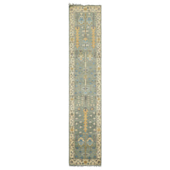 Runner Celadon, Ivory, Caramel Color Hand Knotted Oushak Wool Traditional Oriental Rug