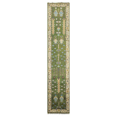 Runner Green, Ivory, Brown Color Hand Knotted Oushak Wool Traditional Oriental Rug