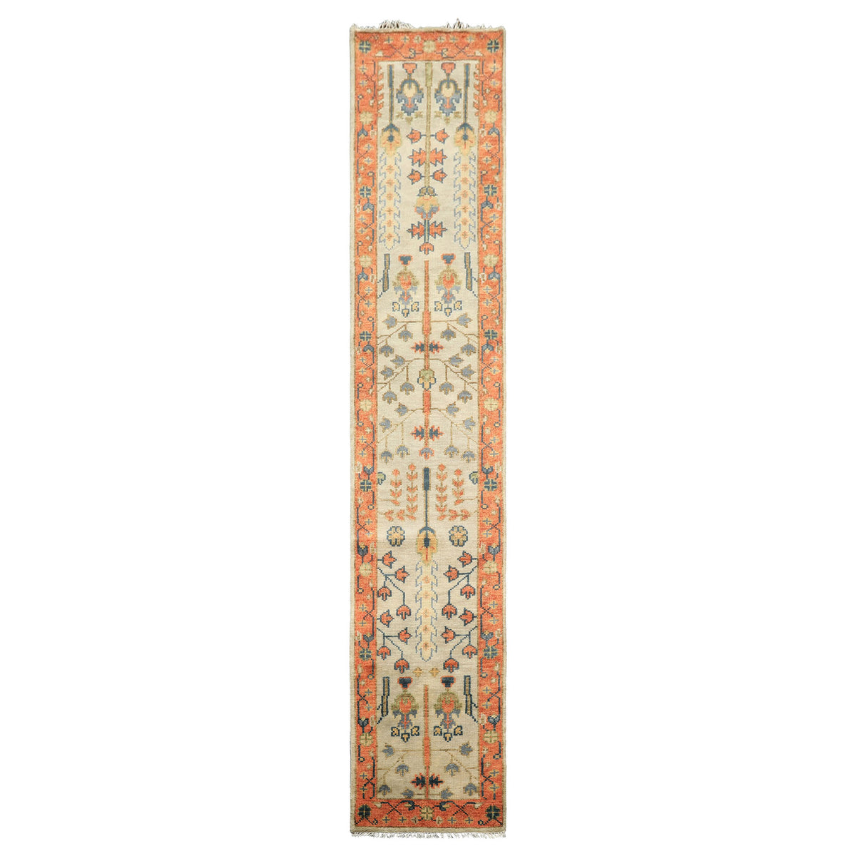 Runner Beige, Burnt Orange, Lime Color Hand Knotted Oushak Wool Traditional Oriental Rug