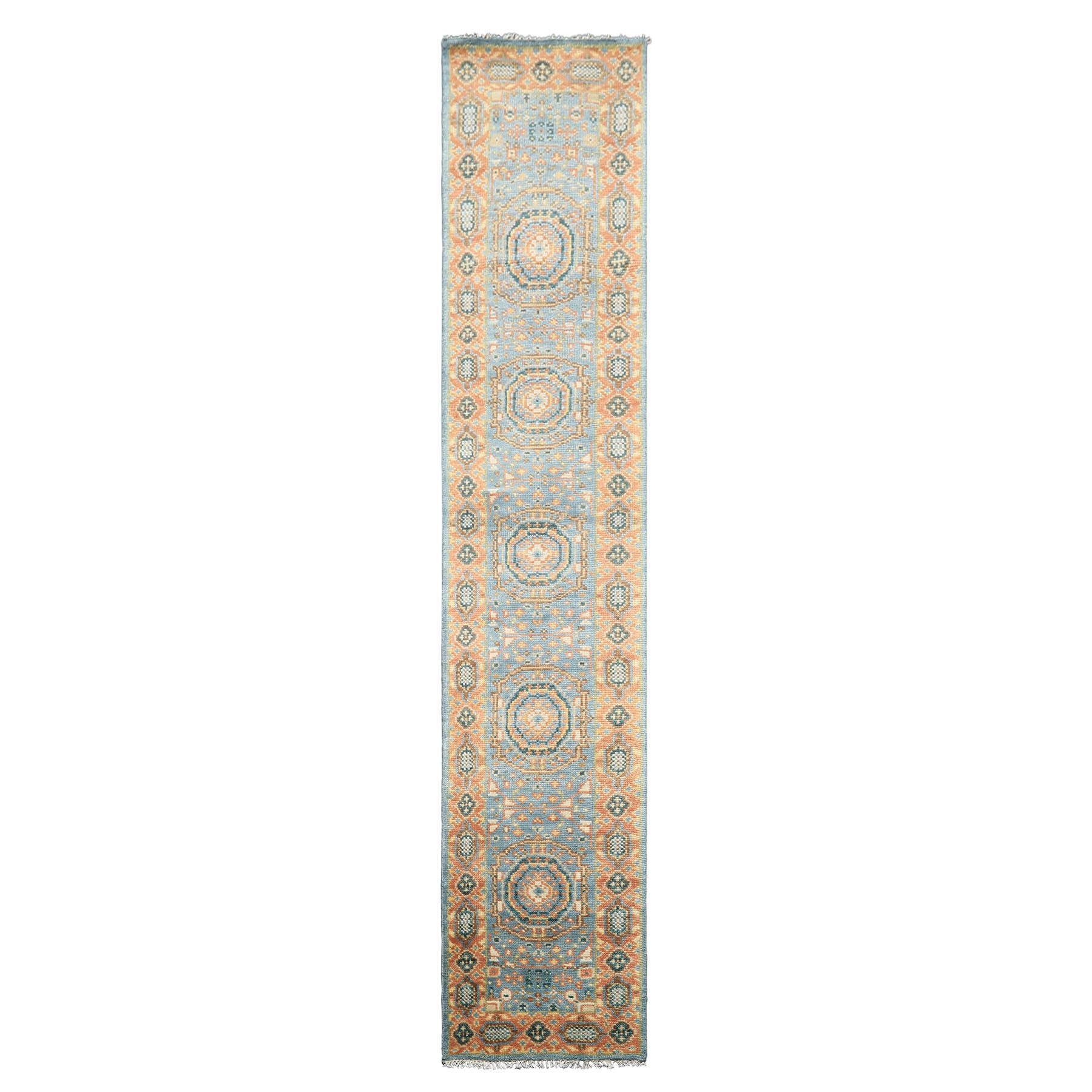 Runner Aqua, Burnt Orange, Lime Color Hand Knotted Oushak Wool Traditional Oriental Rug