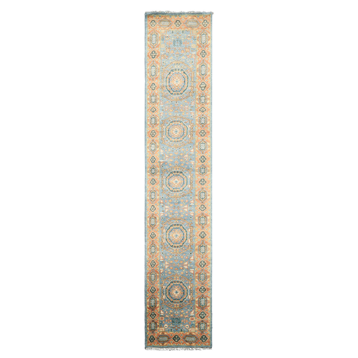 Runner Aqua, Burnt Orange, Lime Color Hand Knotted Oushak Wool Traditional Oriental Rug