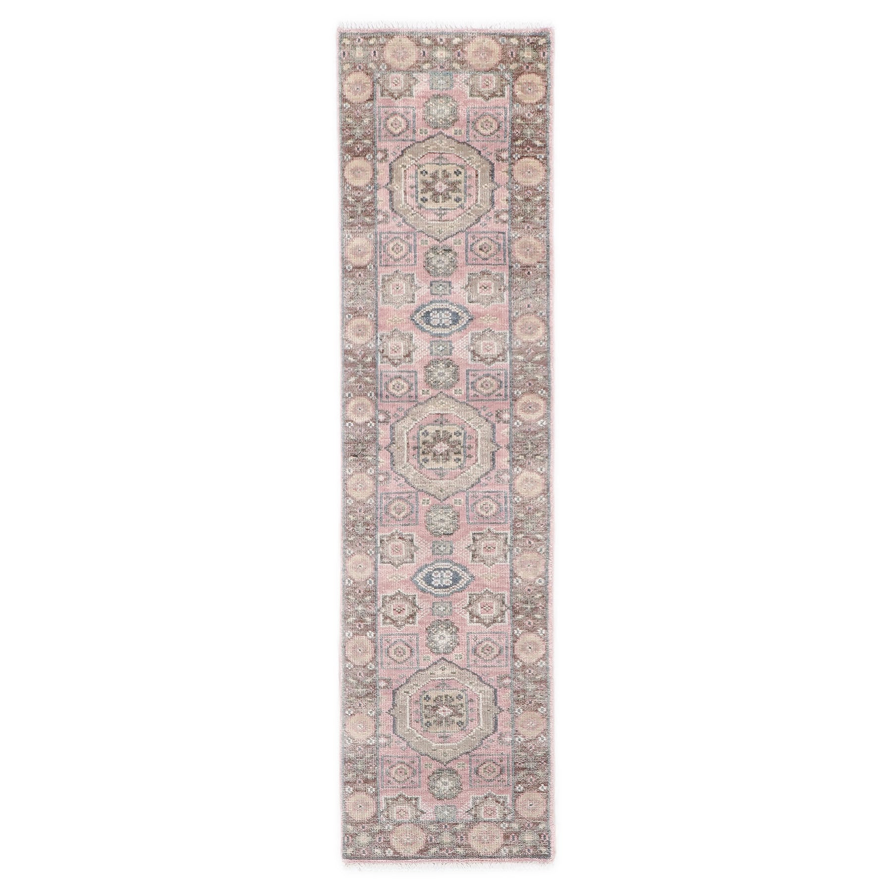 Runner Blush, Gray, Ivory Color Hand Knotted Oushak Wool Transitional Oriental Rug