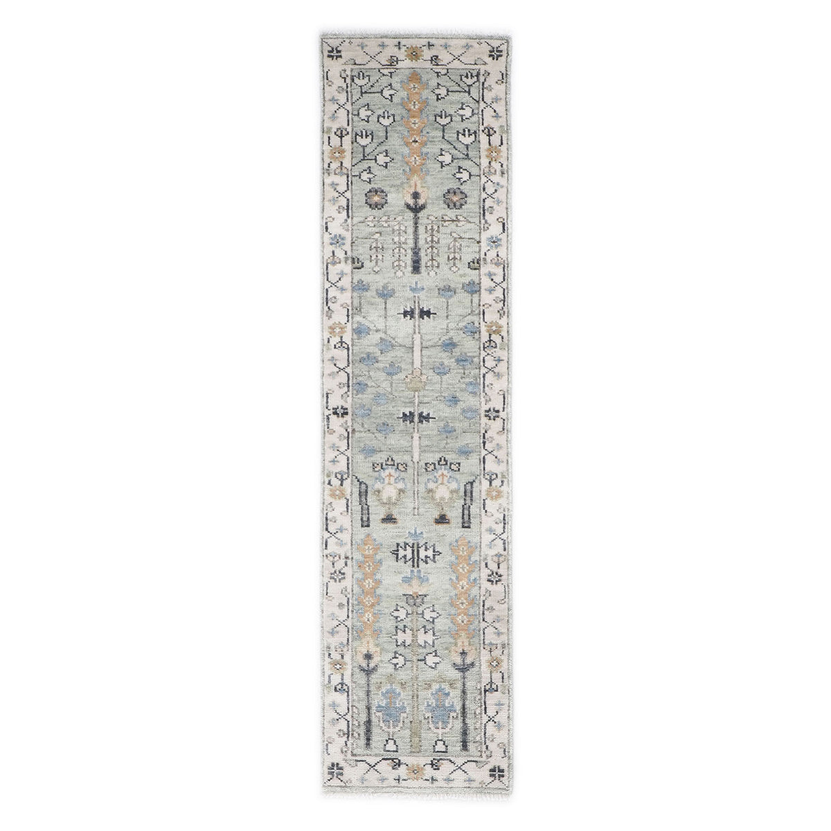 Runner Gray, Beige, Blue Color Hand Knotted Oushak Wool Transitional Oriental Rug