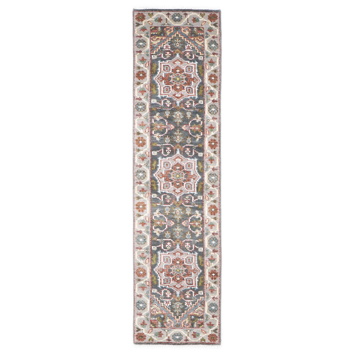 Runner Gray, Slate, Ivory Color Hand Knotted Oushak Wool Transitional Oriental Rug