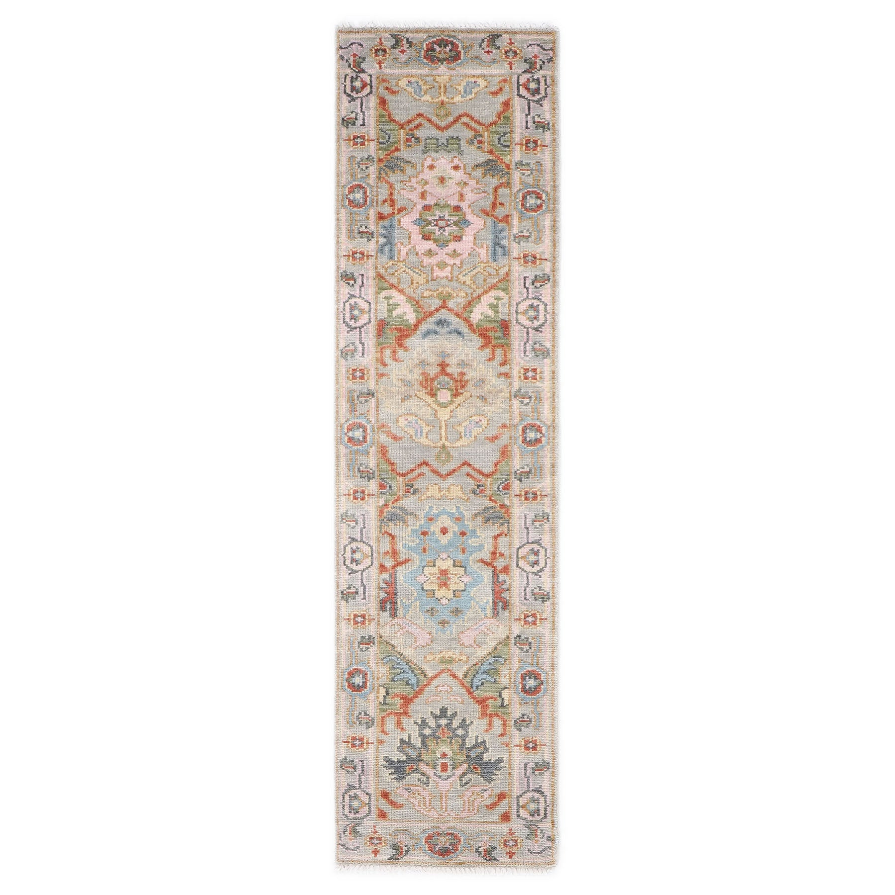 Runner Gray, Blush, Aqua Color Hand Knotted Oushak Wool Traditional Oriental Rug