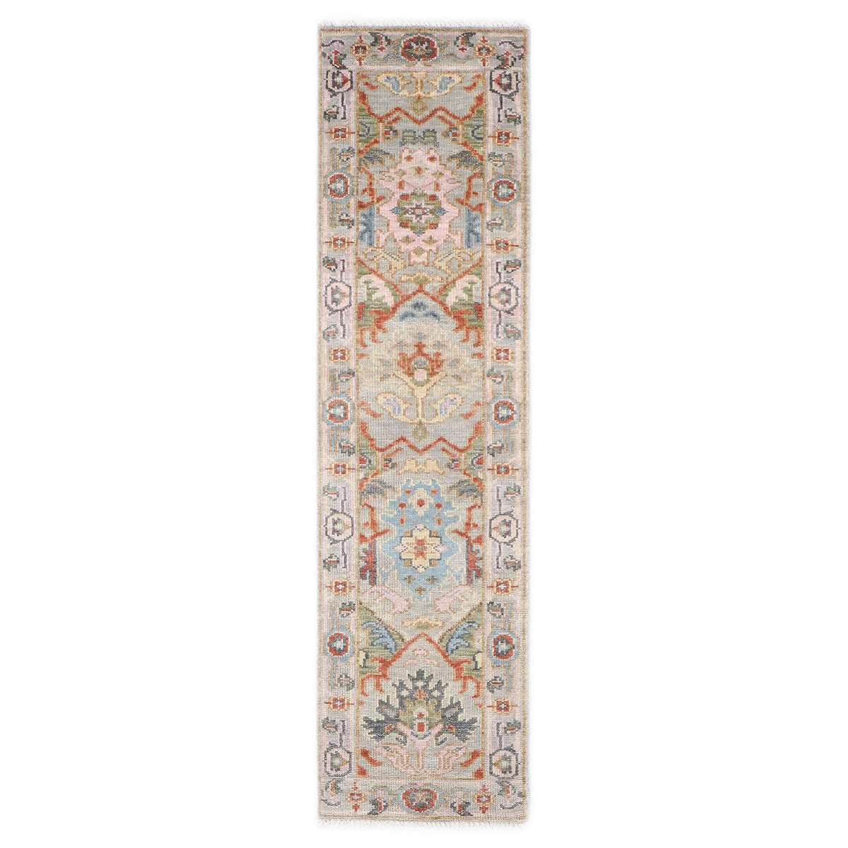 Runner Gray, Blush, Aqua Color Hand Knotted Oushak Wool Traditional Oriental Rug