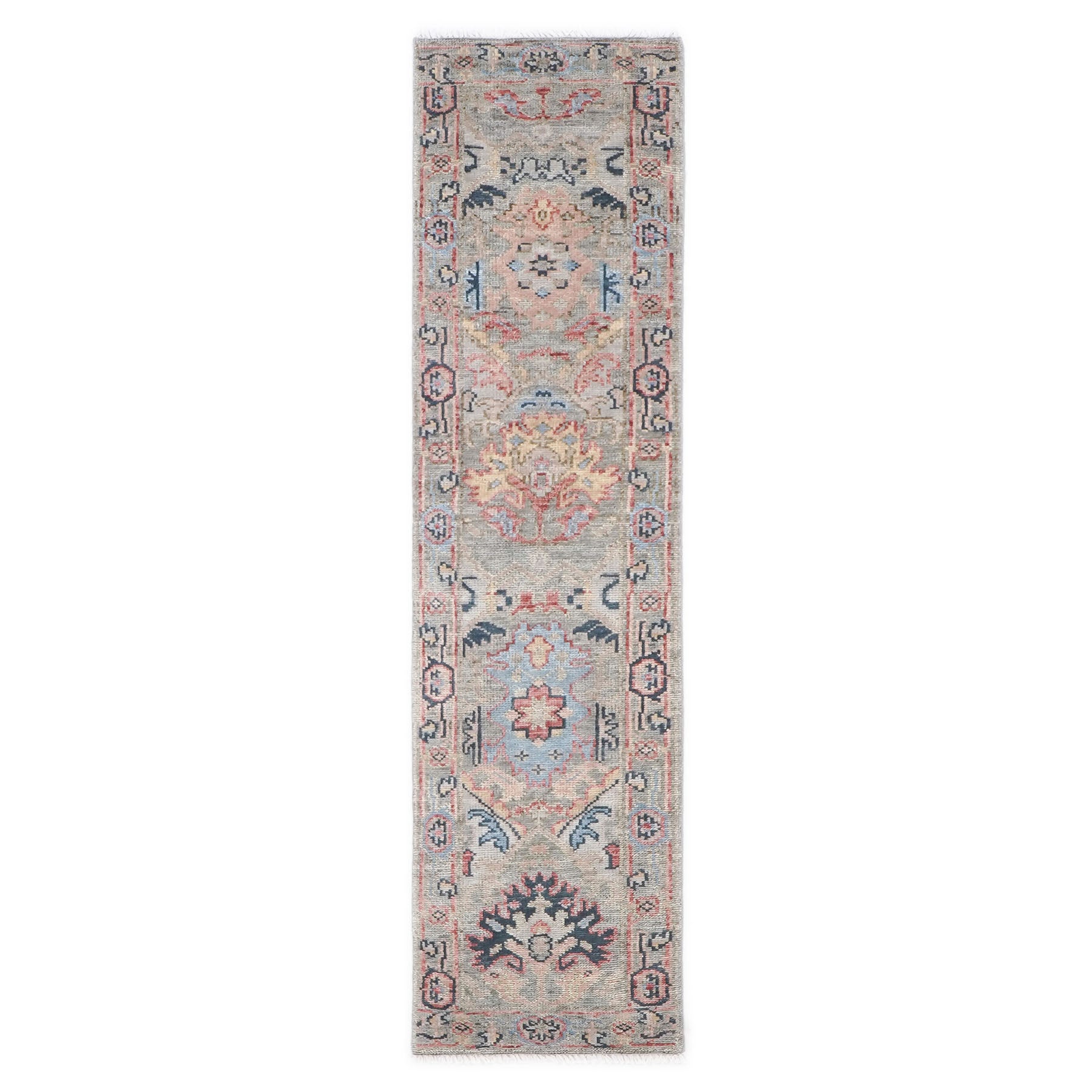 Runner Gray, Blush, Blue Color Hand Knotted Oushak Wool Arts & Crafts Oriental Rug