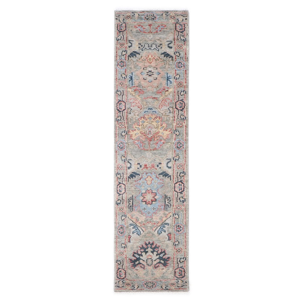 Runner Gray, Blush, Blue Color Hand Knotted Oushak Wool Arts & Crafts Oriental Rug