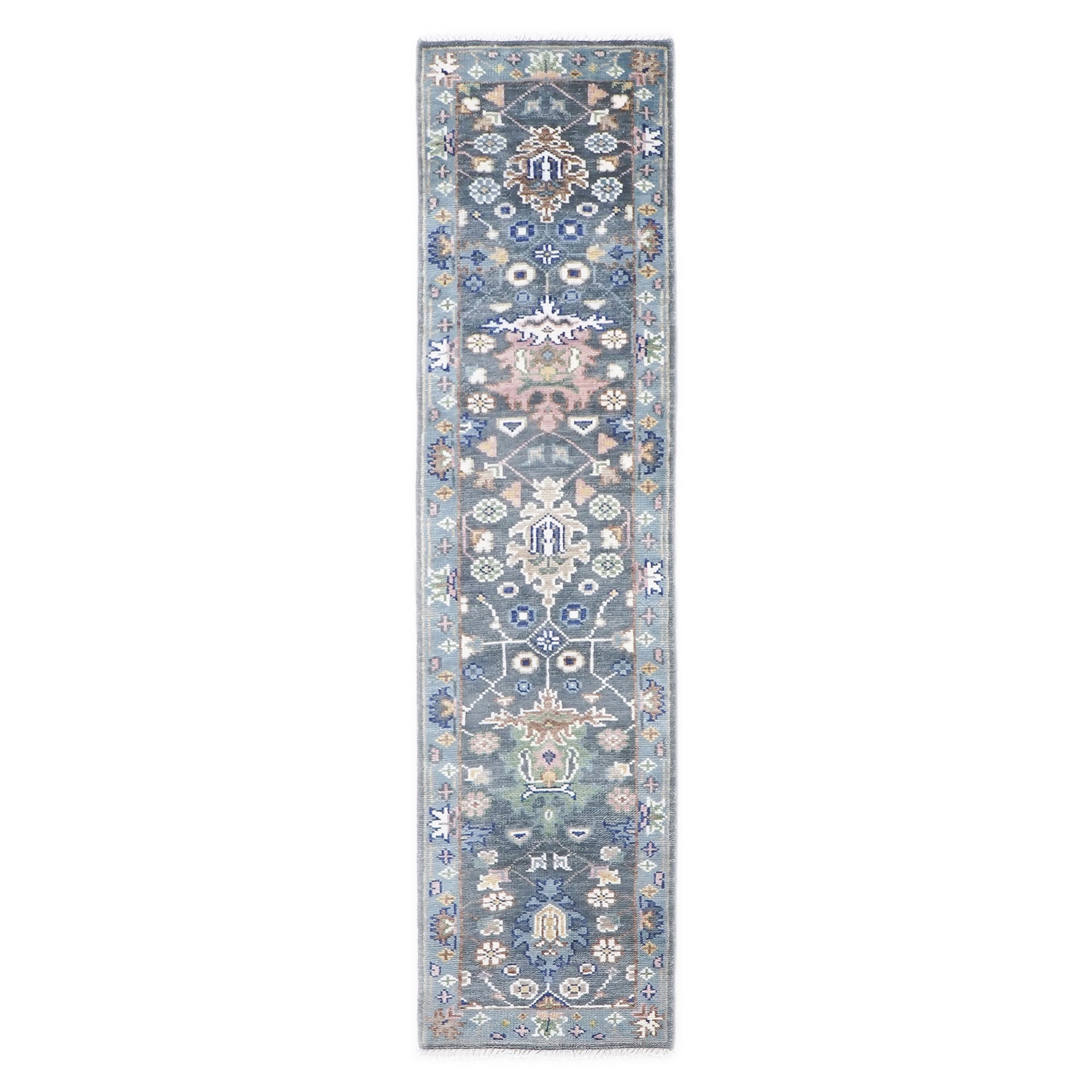 Runner Gray, Slate, Blue Color Hand Knotted Oushak Wool Arts & Crafts Oriental Rug