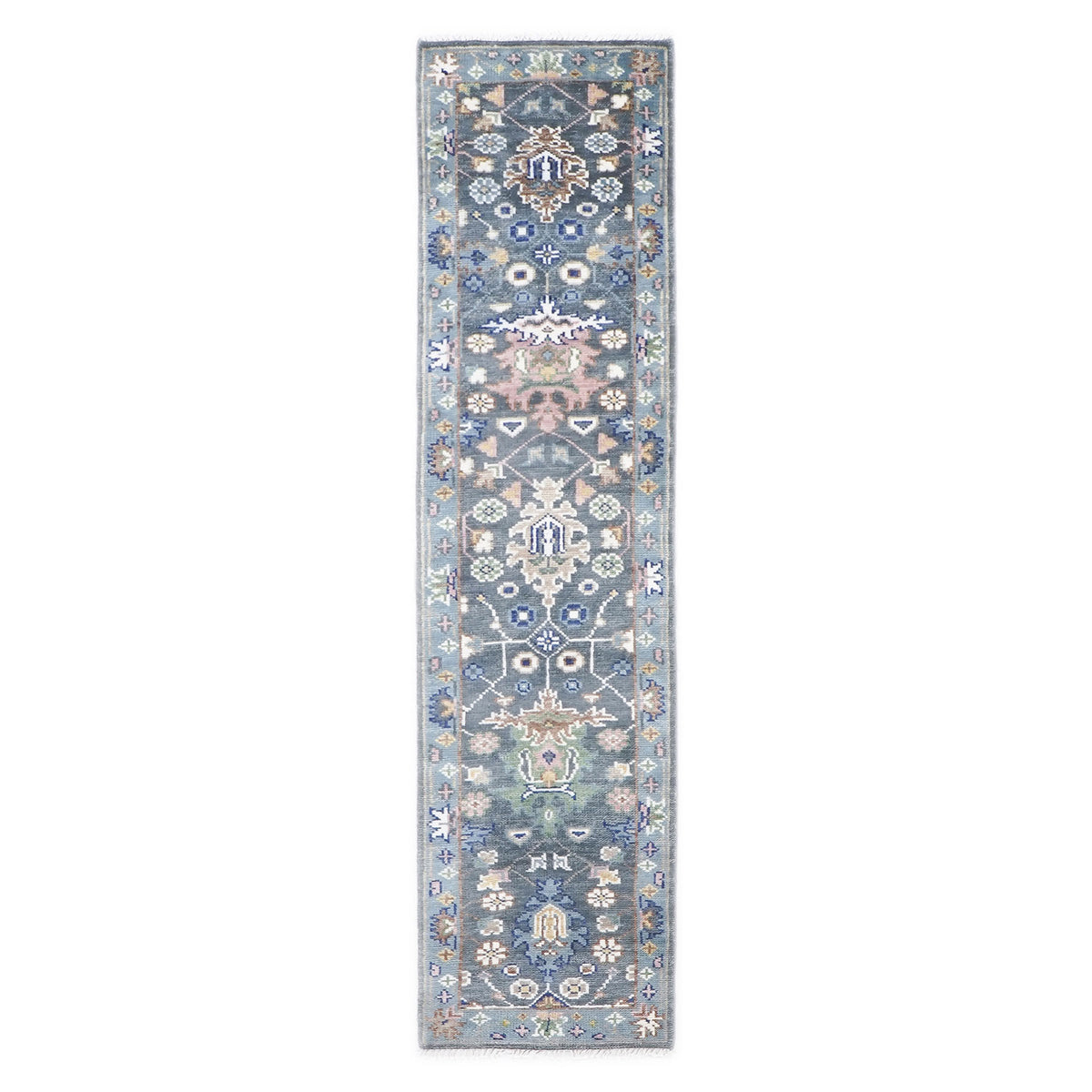 Runner Gray, Slate, Blue Color Hand Knotted Oushak Wool Arts & Crafts Oriental Rug
