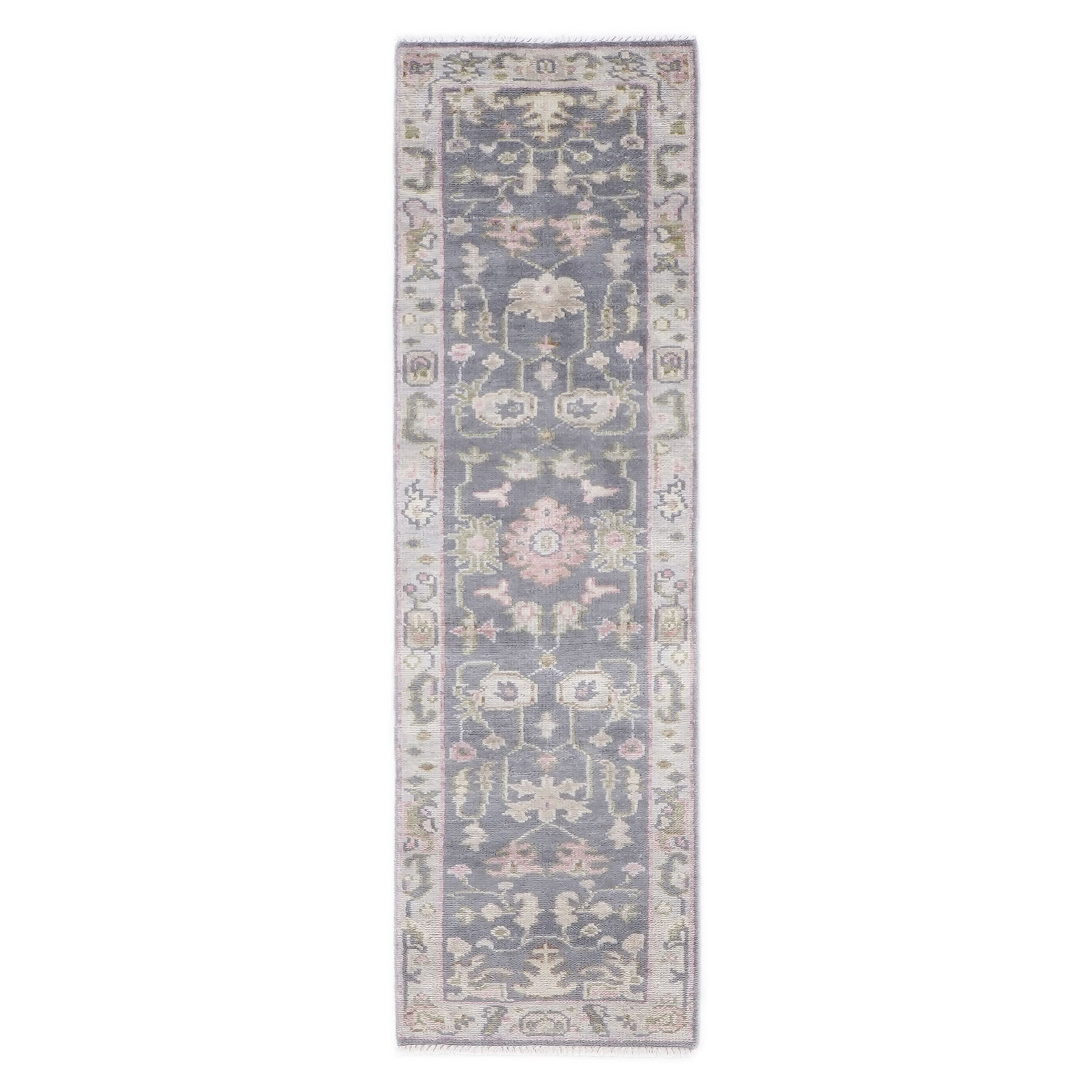 Runner Slate, Gray, Sage Color Hand Knotted Oushak Wool Transitional Oriental Rug