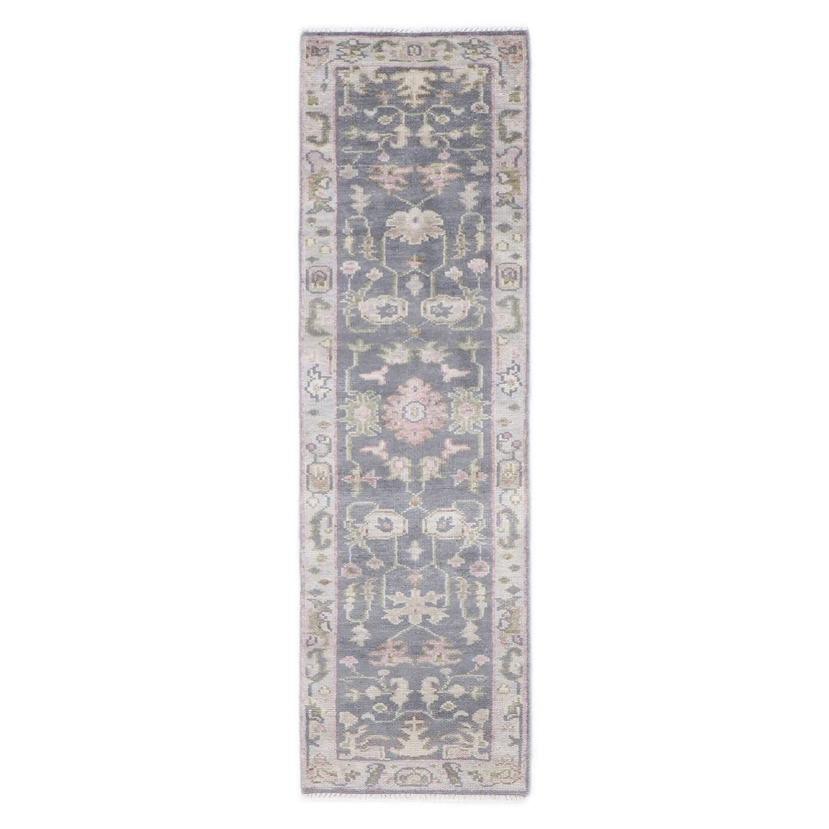 Runner Slate, Gray, Sage Color Hand Knotted Oushak Wool Transitional Oriental Rug