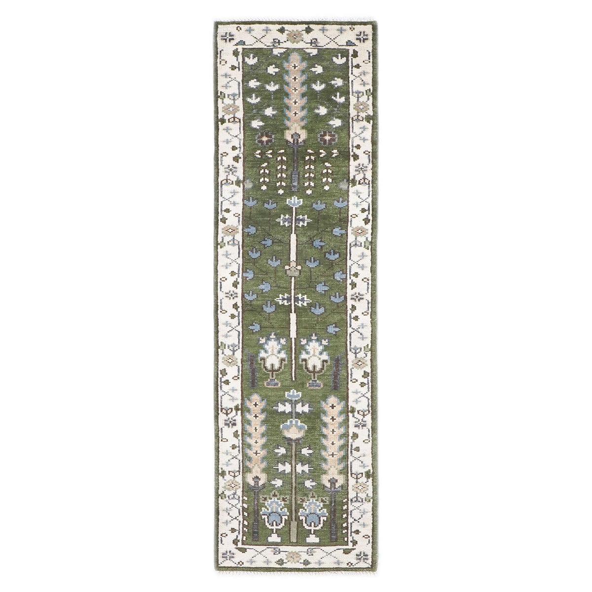 Runner Green, Ivory, Blue Color Hand Knotted Oushak Wool Transitional Oriental Rug