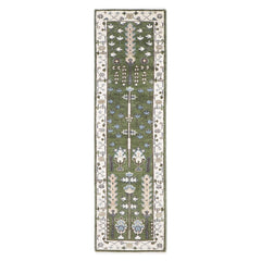 Runner Green, Ivory, Blue Color Hand Knotted Oushak Wool Transitional Oriental Rug