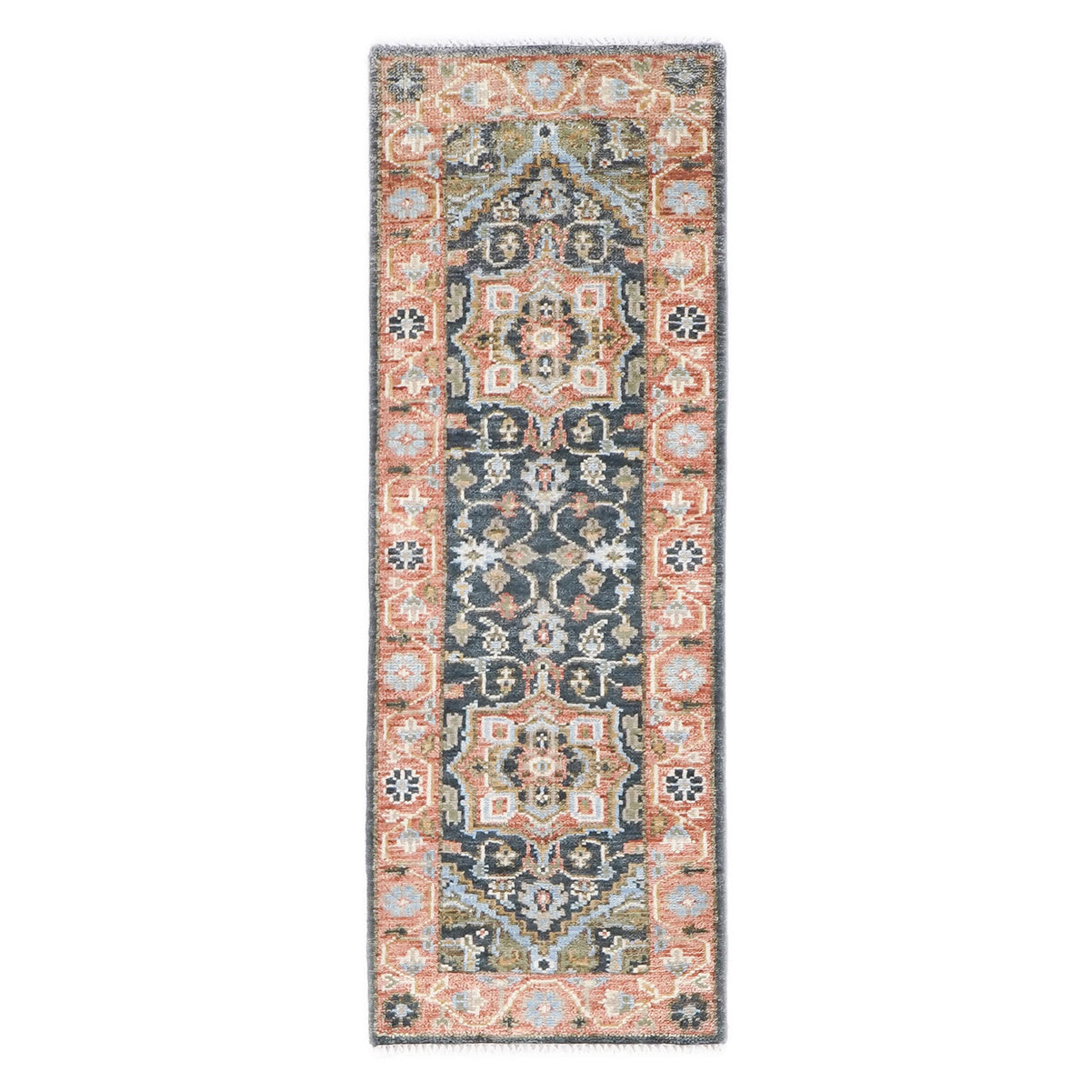 Runner Slate, Blush, Sage Color Hand Knotted Oushak Wool Traditional Oriental Rug