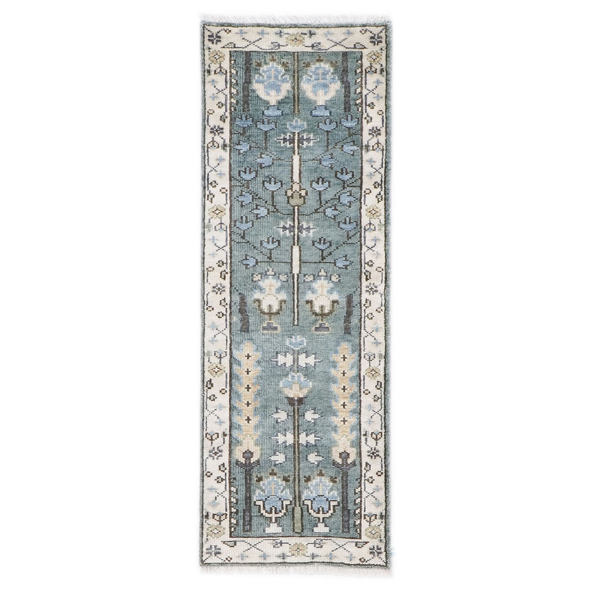 Runner Celadon, Ivory, Gray Color Hand Knotted Oushak Wool Transitional Oriental Rug