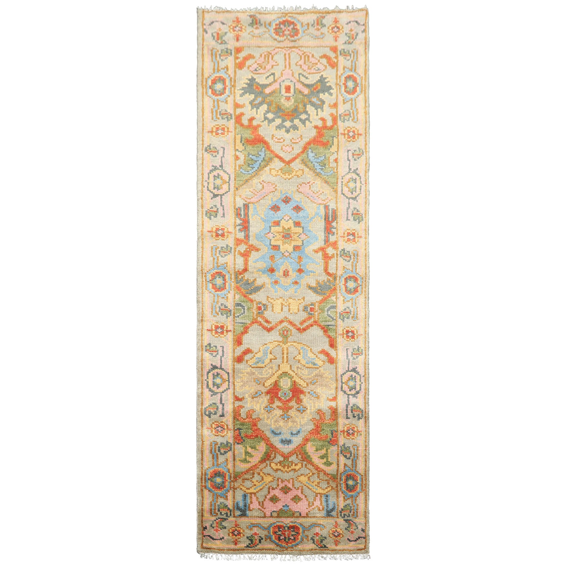 Runner Gray, Mint, Blush Color Hand Knotted Oushak Wool Traditional Oriental Rug
