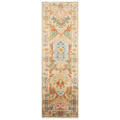 Runner Gray, Mint, Blush Color Hand Knotted Oushak Wool Traditional Oriental Rug