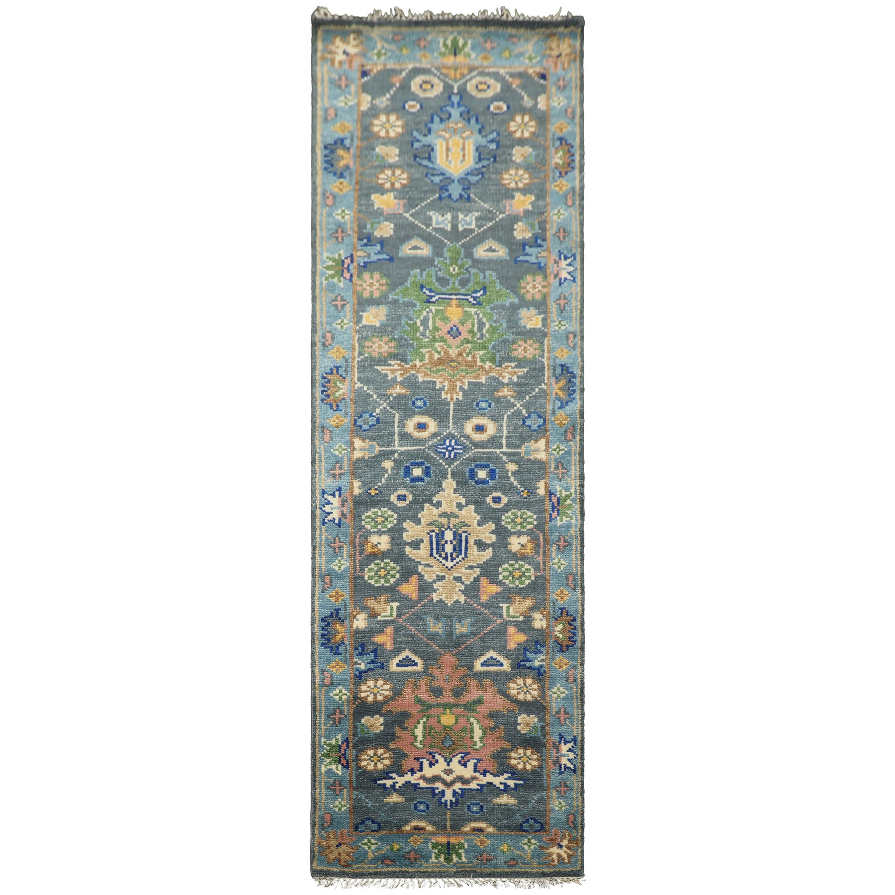 Runner Slate, Blue, Blush Color Hand Knotted Oushak Wool Traditional Oriental Rug