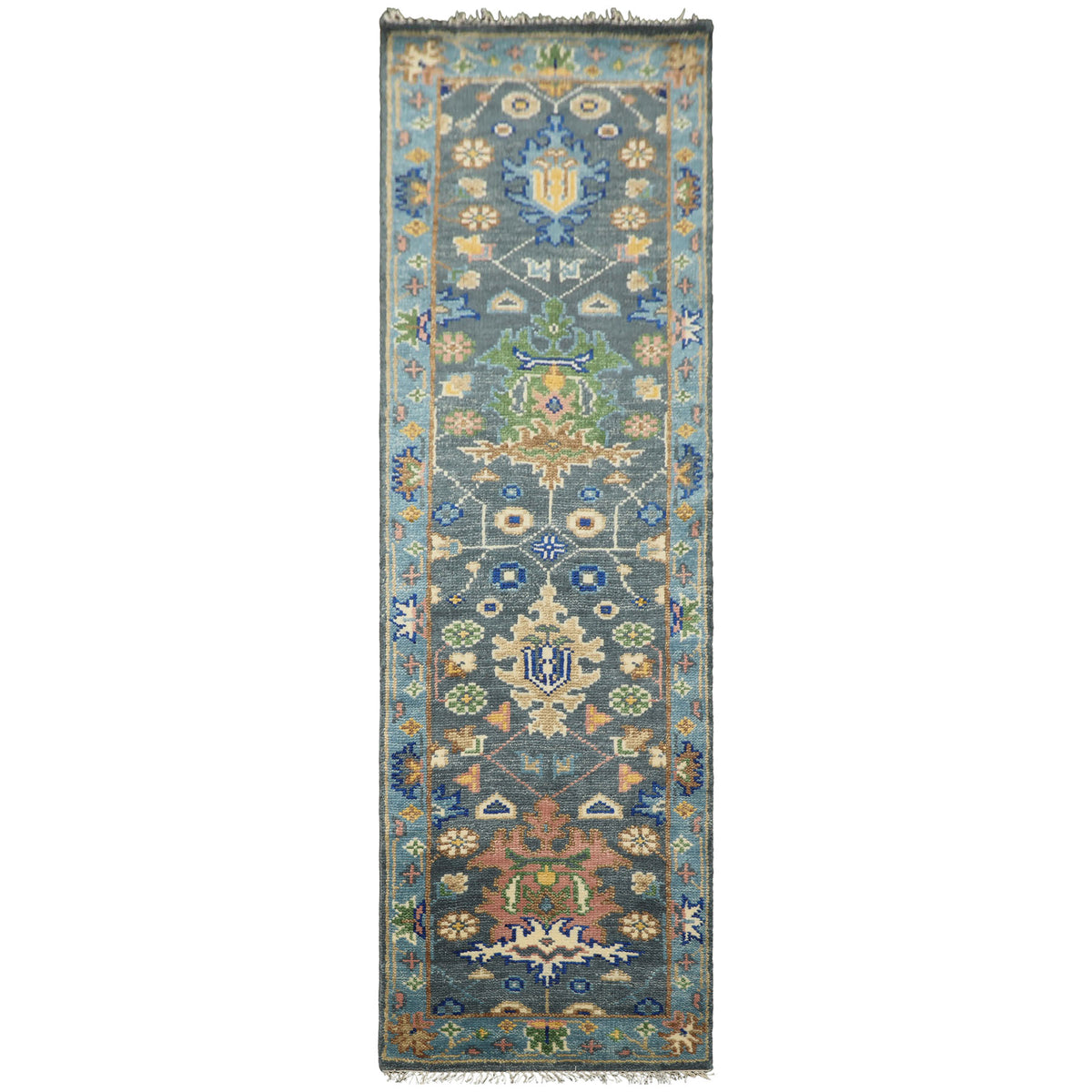 Runner Slate, Blue, Blush Color Hand Knotted Oushak Wool Traditional Oriental Rug