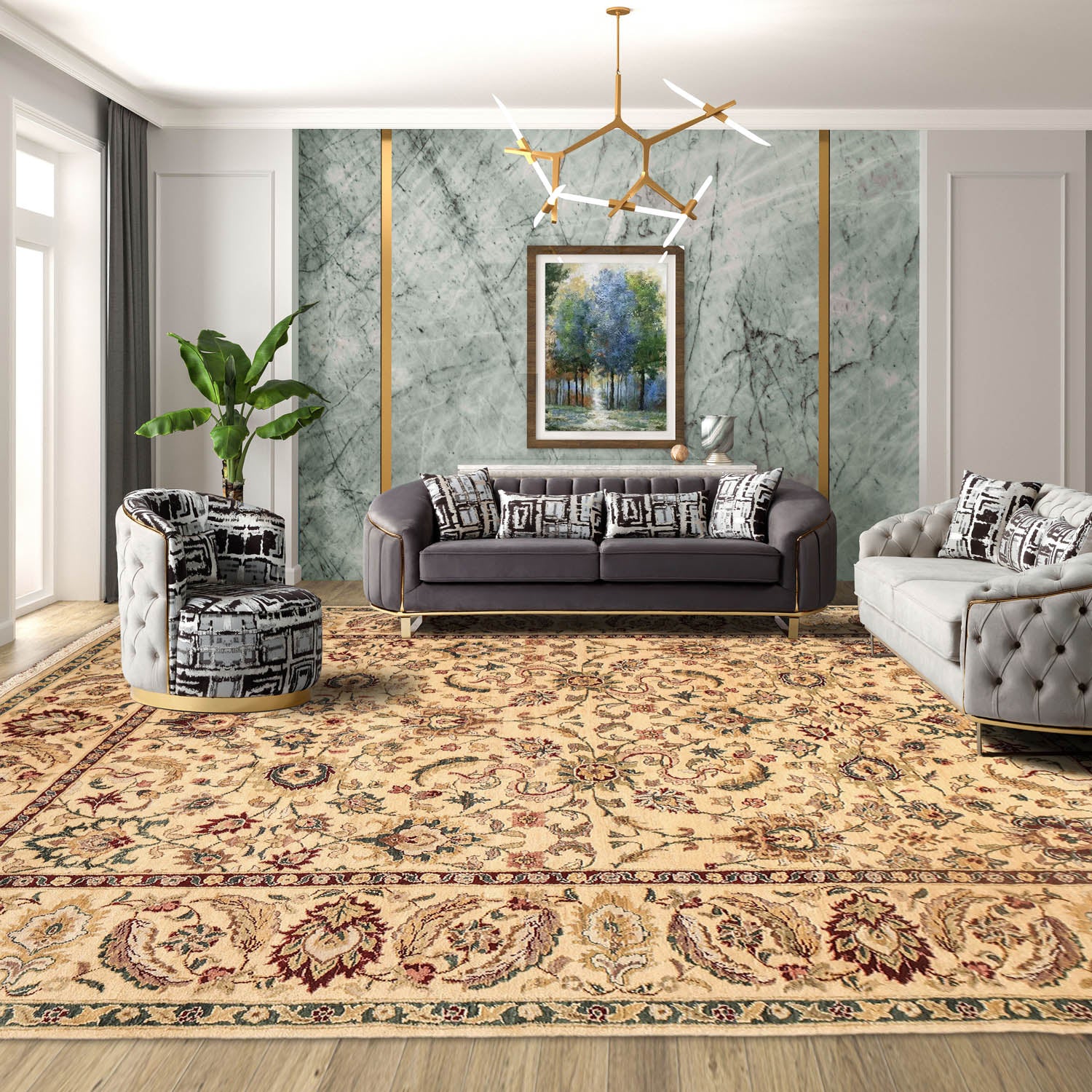 8x10 Gold, Maroon, Aqua Color Hand Knotted All-Over 100% Wool Traditional Oriental Rug