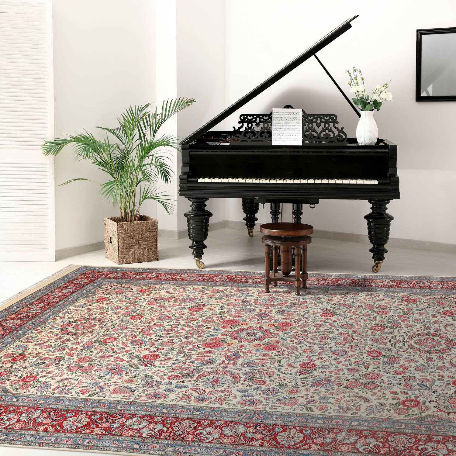 9x12 Ivory, Red, Blue Color Hand Knotted Floral 100% Wool Traditional Oriental Rug