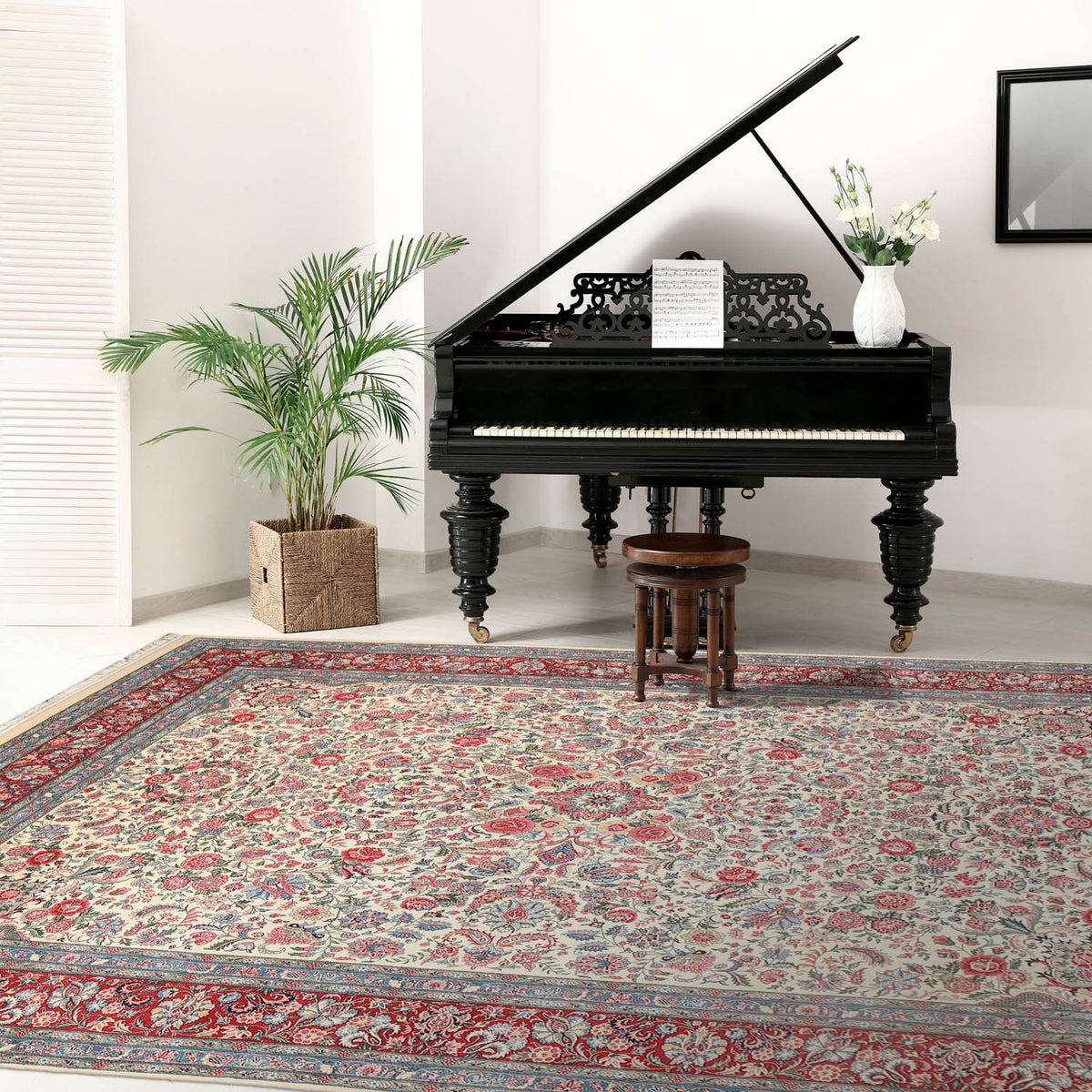 9x12 Ivory, Red, Blue Color Hand Knotted Floral 100% Wool Traditional Oriental Rug