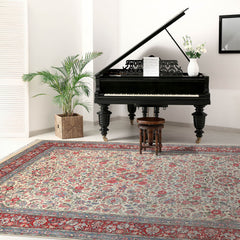 9x12 Ivory, Red, Blue Color Hand Knotted Floral 100% Wool Traditional Oriental Rug