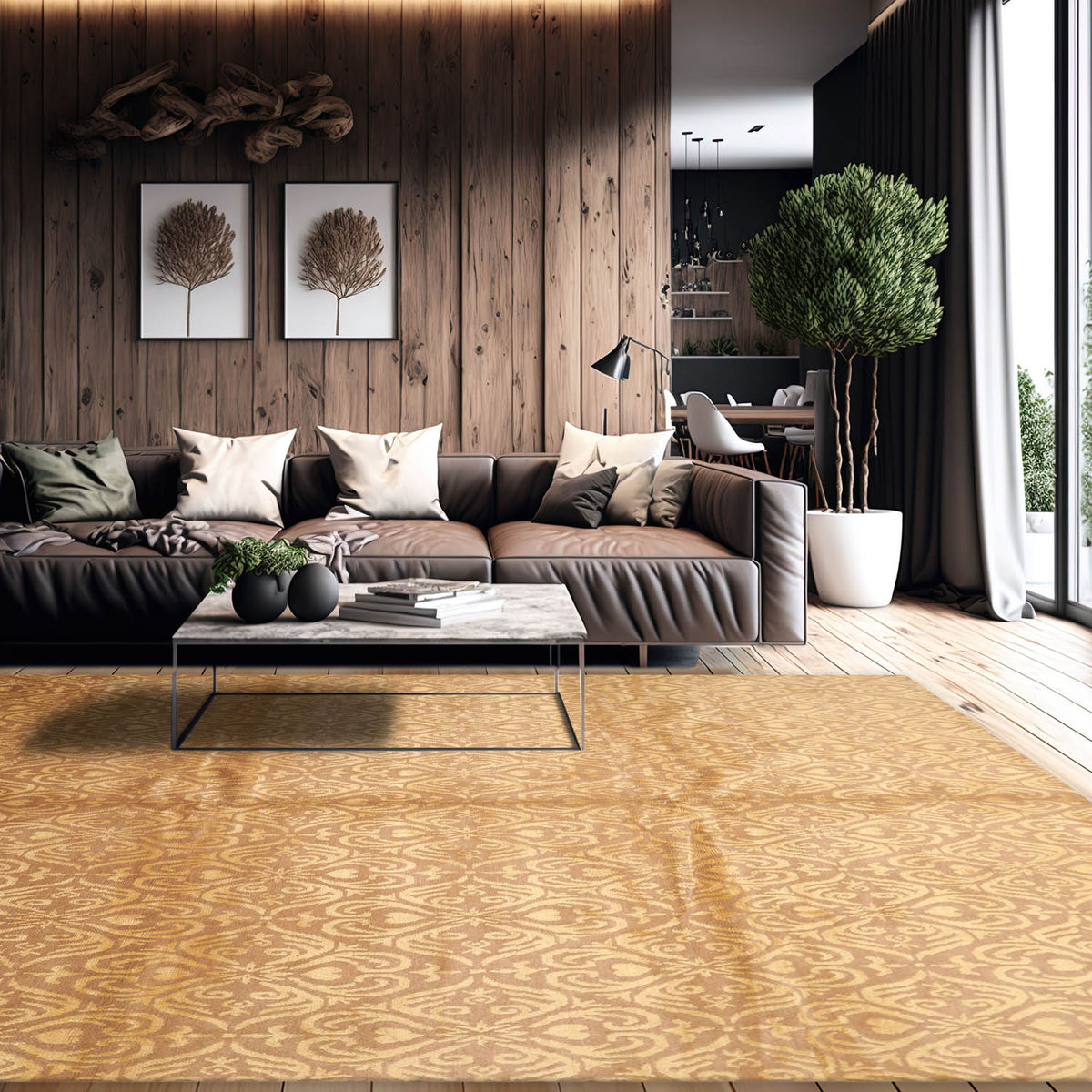 8x10 Tan, Gold, Color Hand Knotted All-Over Wool & Silk Transitional Oriental Rug