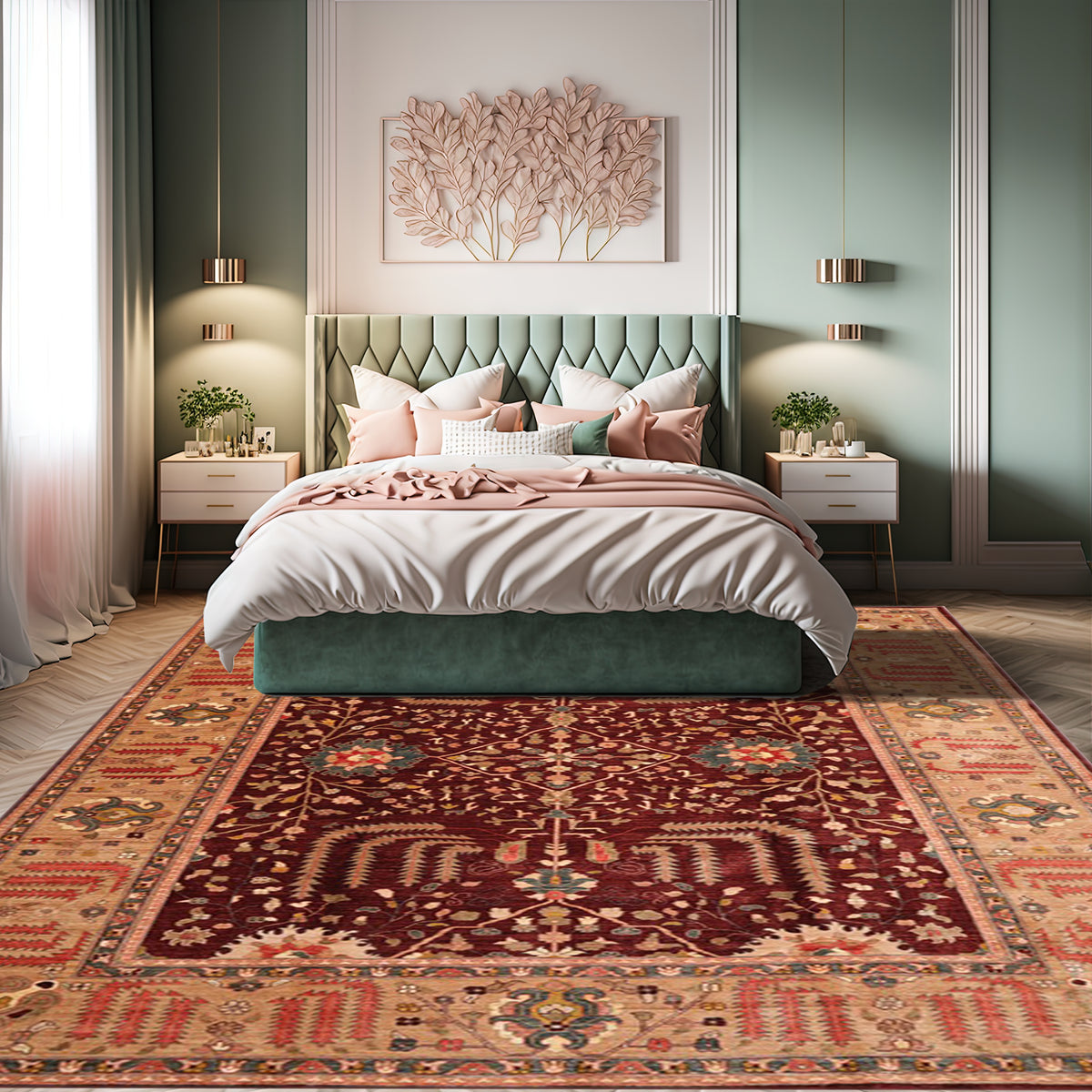 9x12 Maroon, Tan, Coral Color Hand Knotted All-Over 100% Wool Traditional-Persian/Oriental Oriental Rug