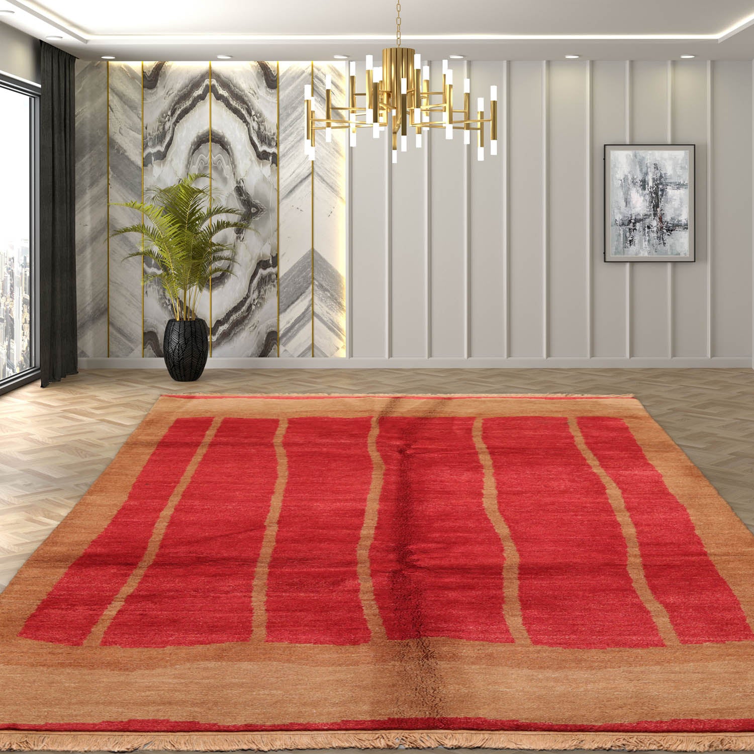6x9 Red, Tan, Color Hand Knotted All-Over 100% Wool Contemporary Oriental Rug