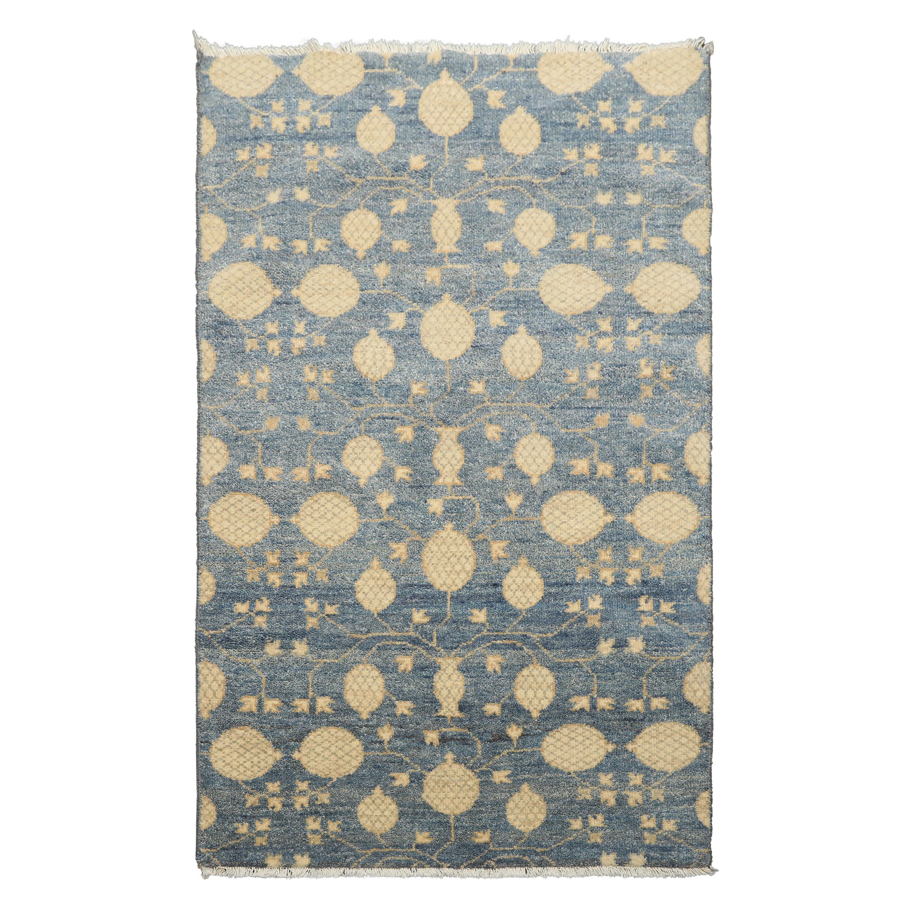 3x5 Blue, Beige, Ivory Color Hand Knotted Afghan Oushak Wool Transitional Oriental Rug