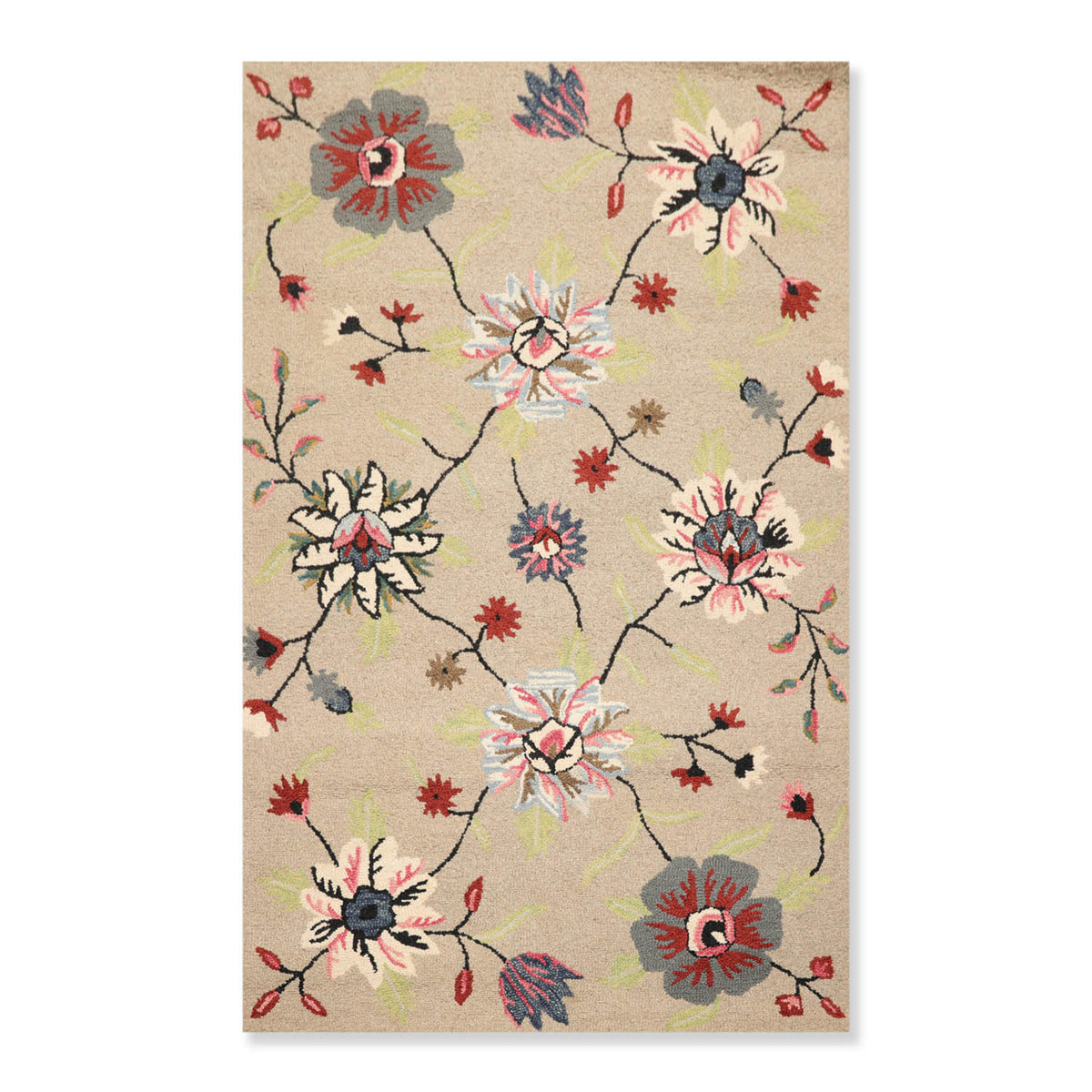 5x7 Taupe, Black, Ivory Color Hand Tufted Floral 100% Wool Transitional Oriental Rug