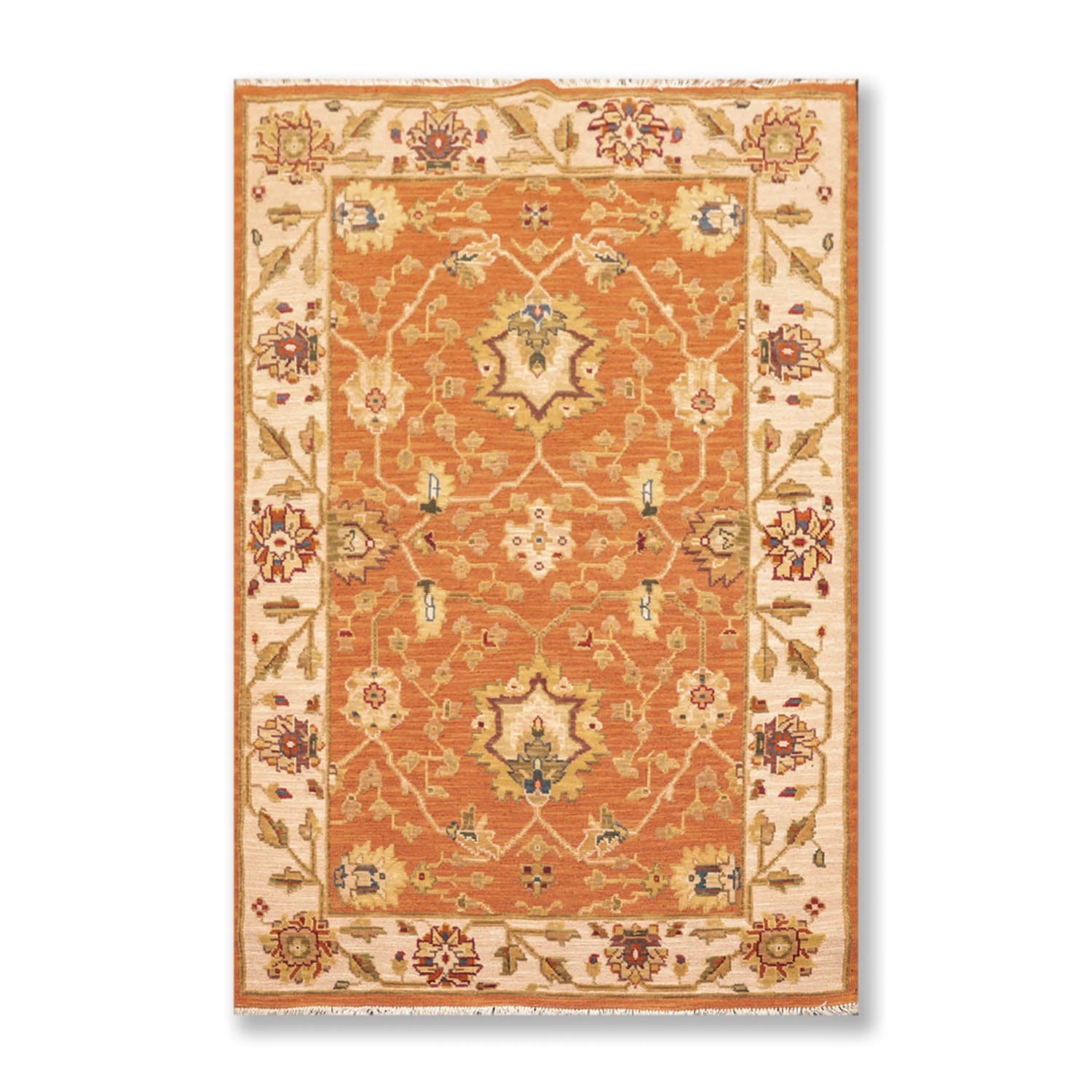 3x5 Orange, Beige, Sage Color Hand Knotted All-Over 100% Wool Traditional Oriental Rug