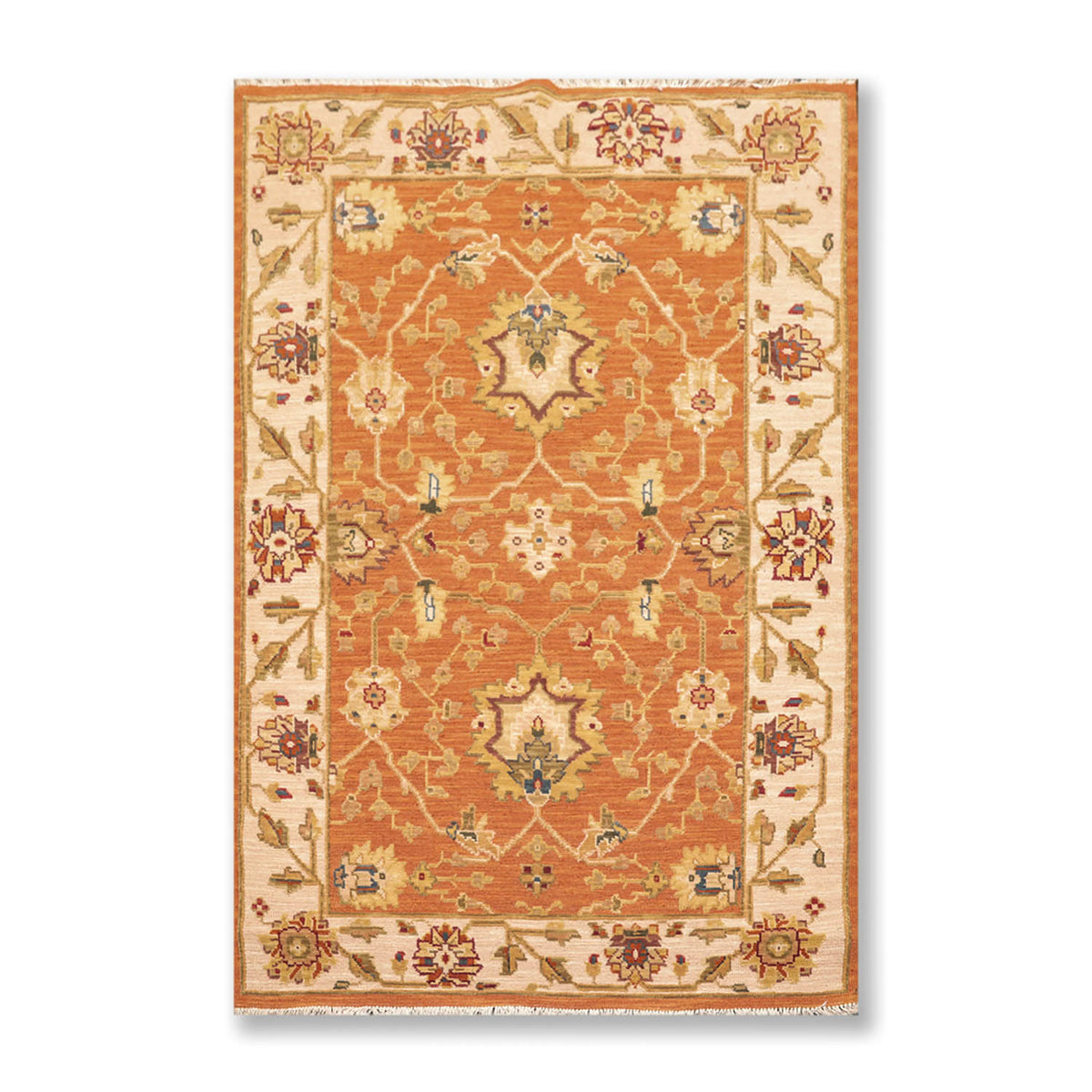 3x5 Orange, Beige, Sage Color Hand Knotted All-Over 100% Wool Traditional Oriental Rug