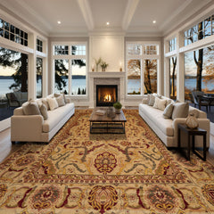 10x14 Gold, Burgundy, Sage Color Hand Knotted All-Over 100% Wool Traditional Oriental Rug