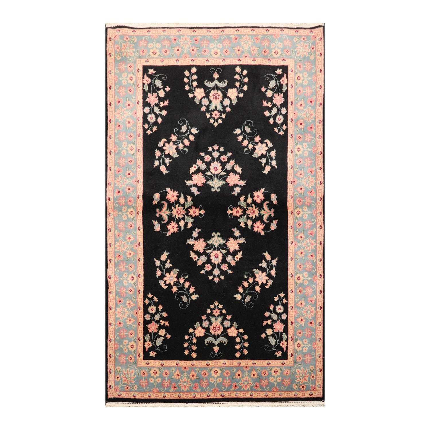 4x6 Black, Turquoise, Rose Color Hand Knotted All-Over 100% Wool Traditional Oriental Rug