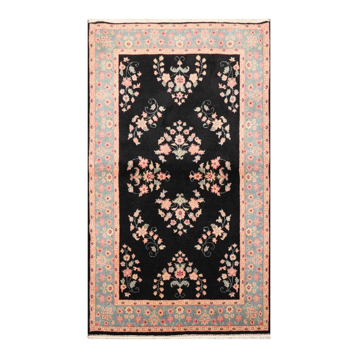 4x6 Black, Turquoise, Rose Color Hand Knotted All-Over 100% Wool Traditional Oriental Rug