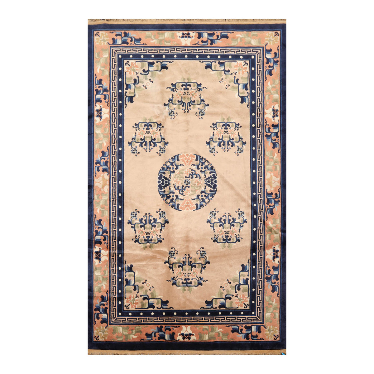5x7 Beige, Peach, Navy Color Hand Knotted All-Over 100% Wool Traditional Oriental Rug