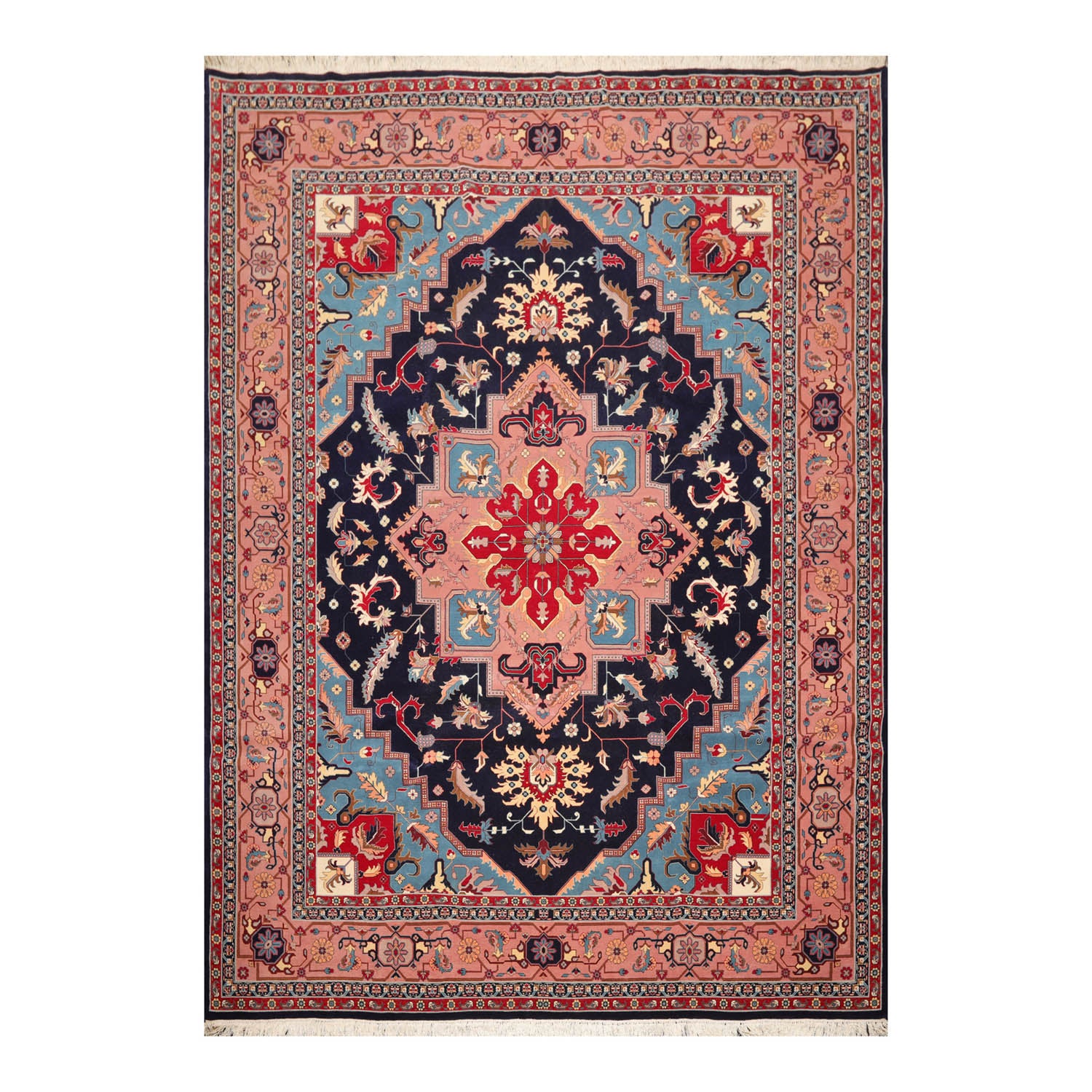 9x12 Navy, Rose, Blue Color Hand Knotted All-Over 100% Wool Traditional Oriental Rug